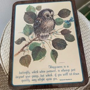 vintage wall plaque/trivet w/ owl & “happiness is a butterfly” quote + coasters